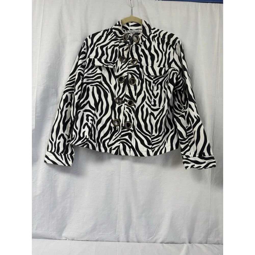 New Directions Zebra Print Canvas Studded Jacket Women Medium Black White Zip